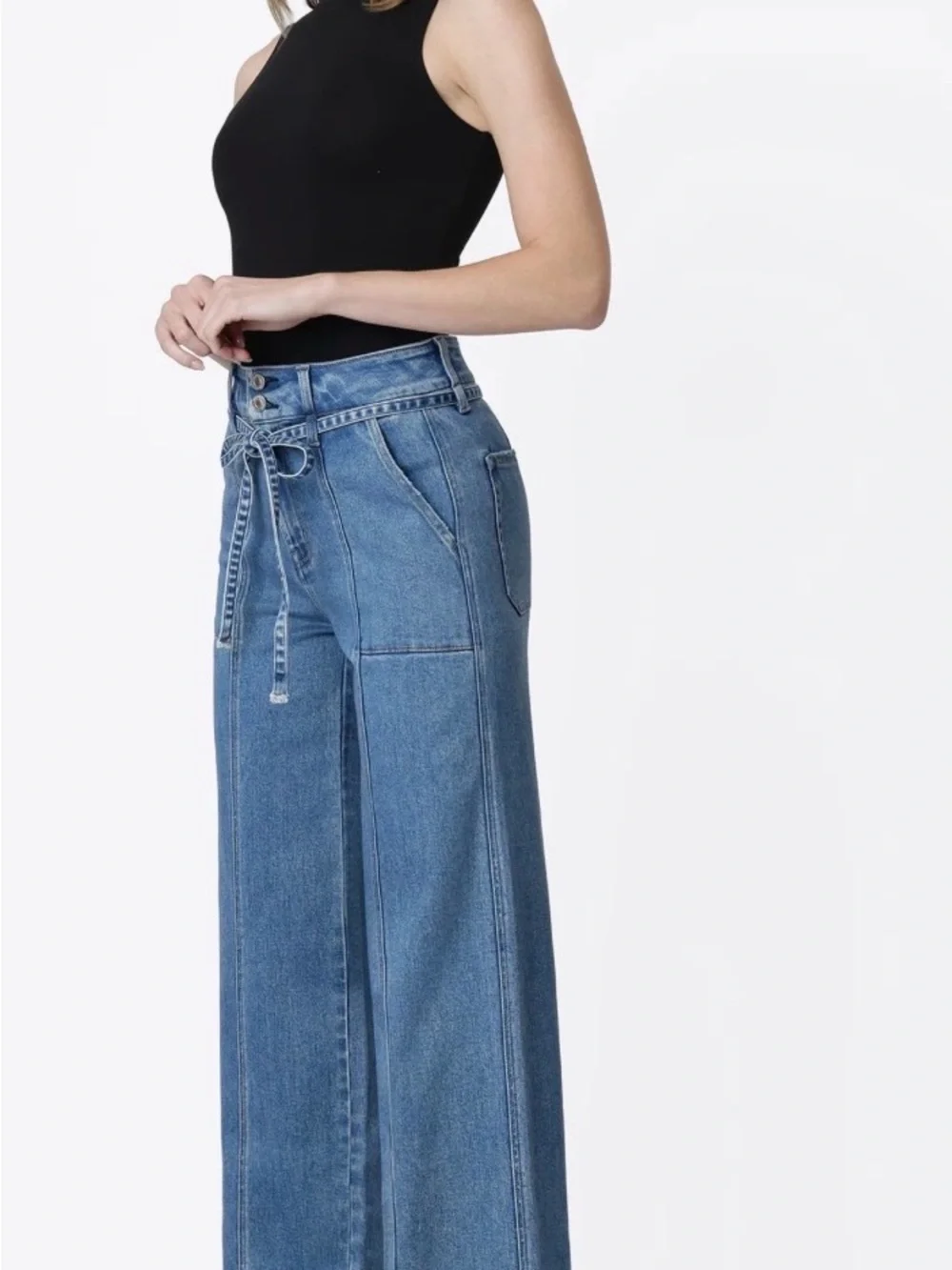 Vervet Wide-Leg High-Waist Blue Denim Jeans with Tie Belt